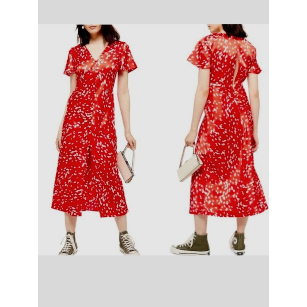 Topshop Red Printed Midi Dress with Front Slit Size 4